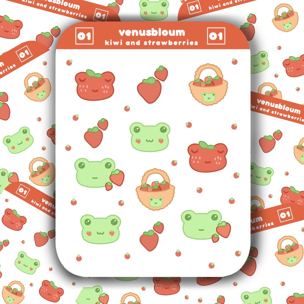 Image of kiwi the frog: strawberry sticker sheet