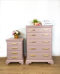 Image 1 of Stag Chest Of Drawers and Bedside Table painted in dusty pink with gold handles
