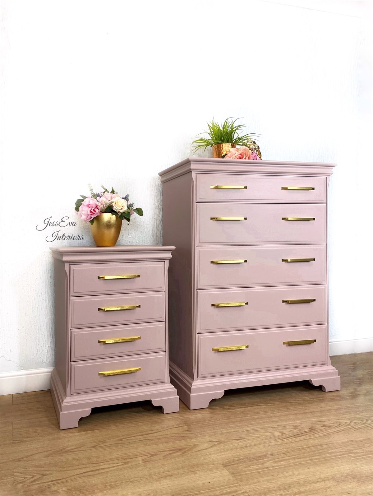 Stag Chest Of Drawers and Bedside Table painted in dusty pink with gold handles