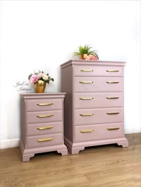 Image 2 of Stag Chest Of Drawers and Bedside Table painted in dusty pink with gold handles
