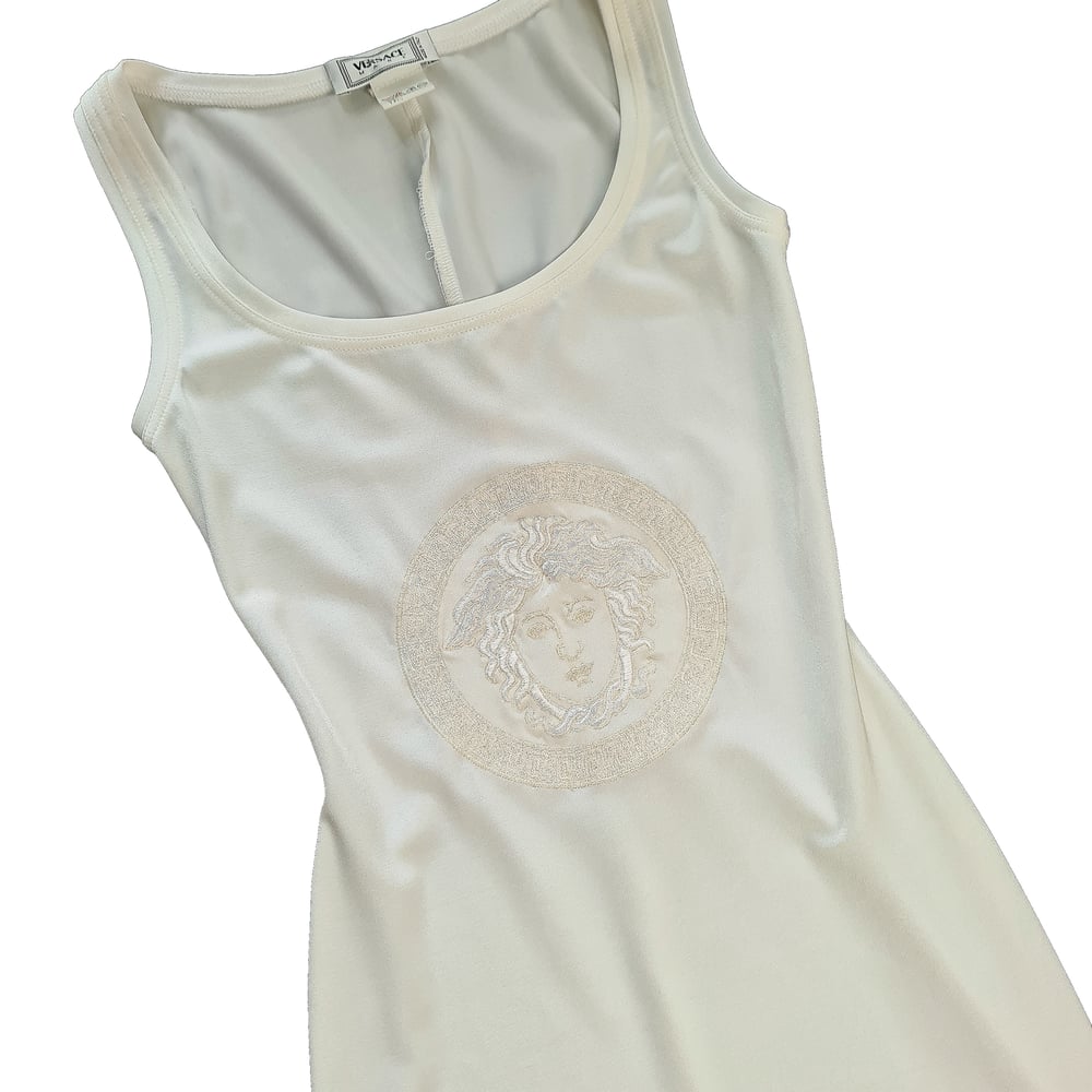 Image of Gianni Versace Ivory Bodycon Medusa Logo Dress