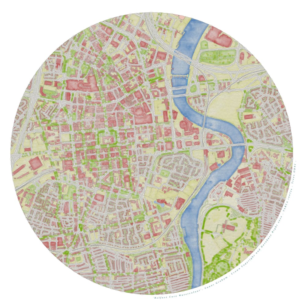 'Belfast City Core Watercolour'. 40x40cm Map Art Print.