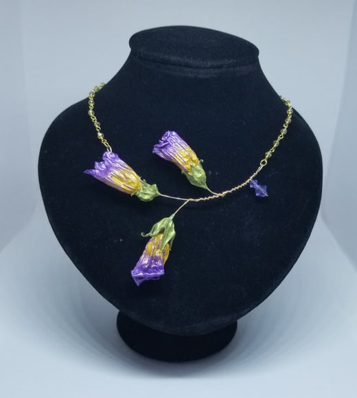Shimmering Purple and Gold REAL Deadly Nightshade 3 Blossom Sprig Necklace w/ Citrine Crystal Chain