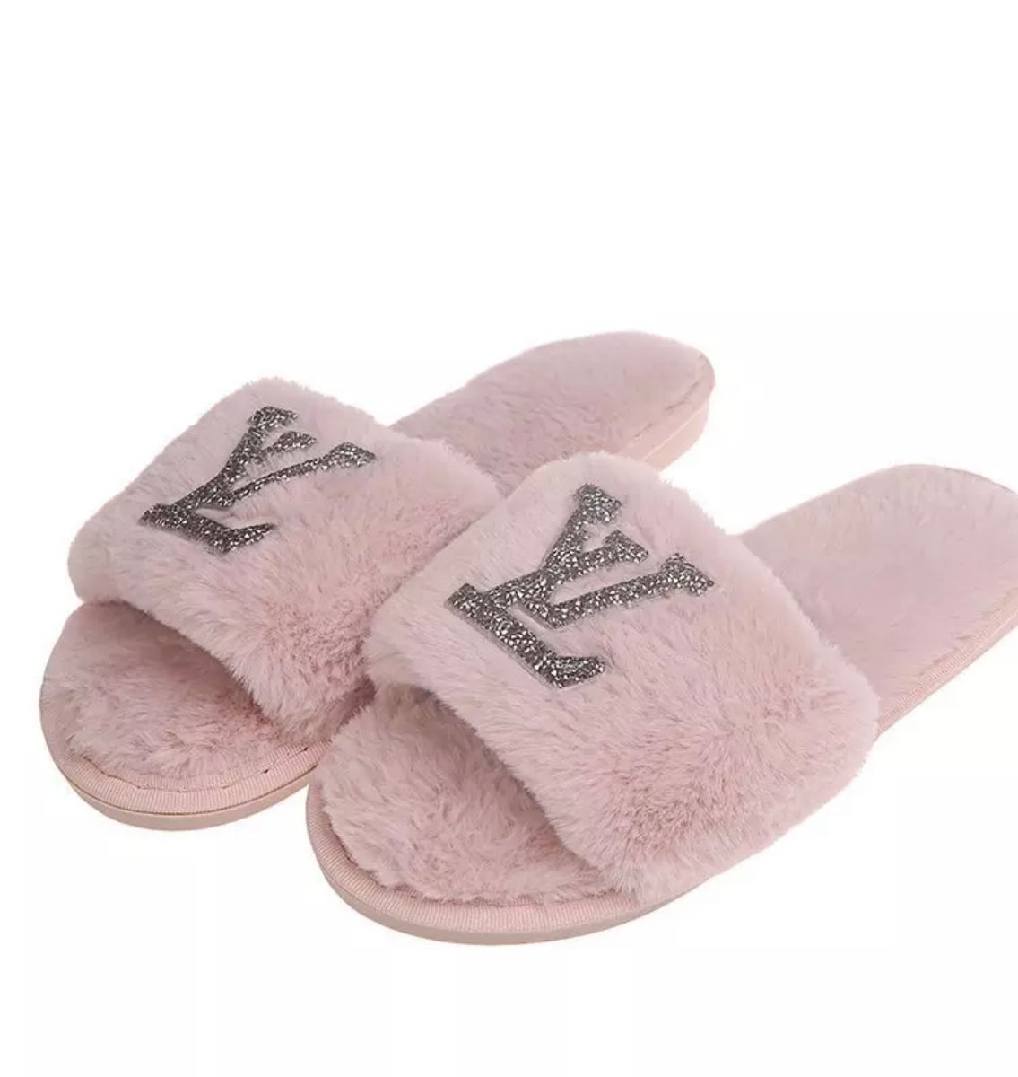 LV INSPIRED FURRY SLIPPERS – EB Shoetique