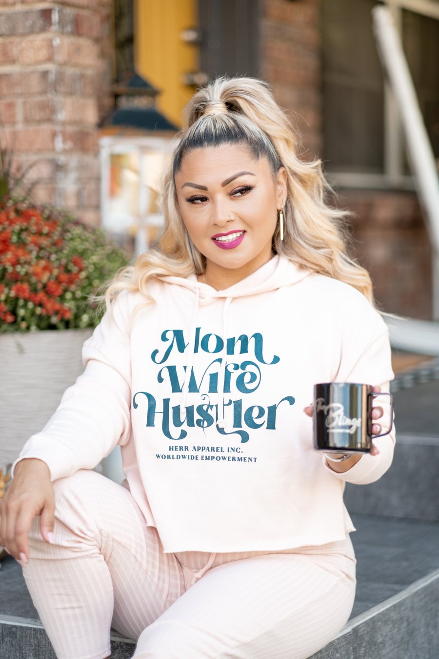 Image of Mom, Wife, Hustler Crop Hoodie-Blush