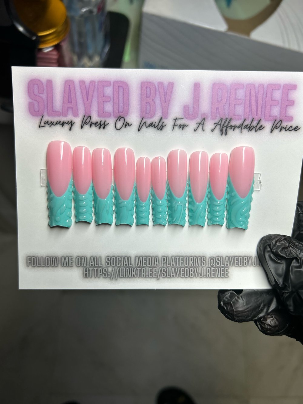 XL French Teal 3D Press On Nails