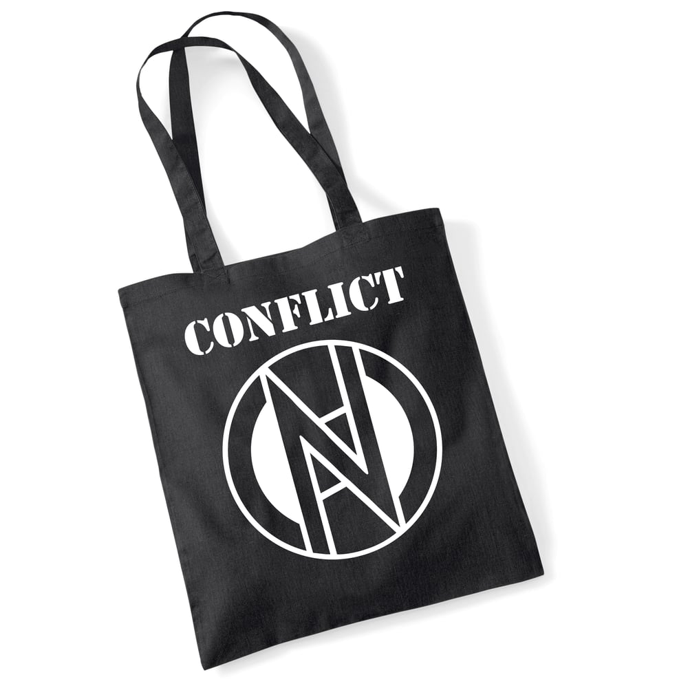 Image of CONFLICT tote bag with the Mortahate logo
