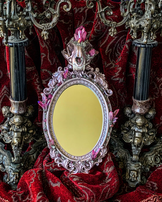 Image of Rose Gold, Pink Tourmaline & Pink Aura Quartz - Bobcat Skull Mirror