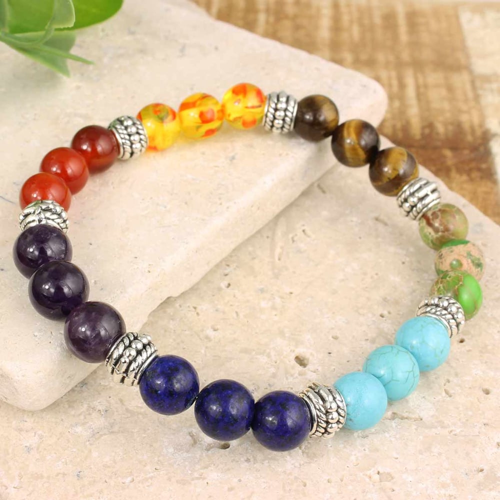 Image of Mixed Chakra Stone Bead Stretch Bracelet