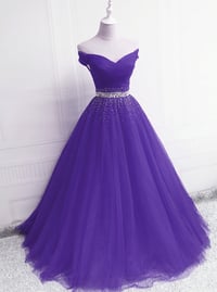Image 1 of Beautiful Purple Beaded Off Shoulder Tulle Gown, Purple Prom Dress 2021
