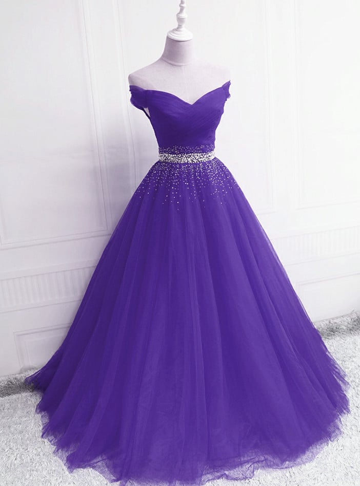 Beautiful Purple Beaded Off Shoulder Tulle Gown, Purple Prom Dress 2021 ...