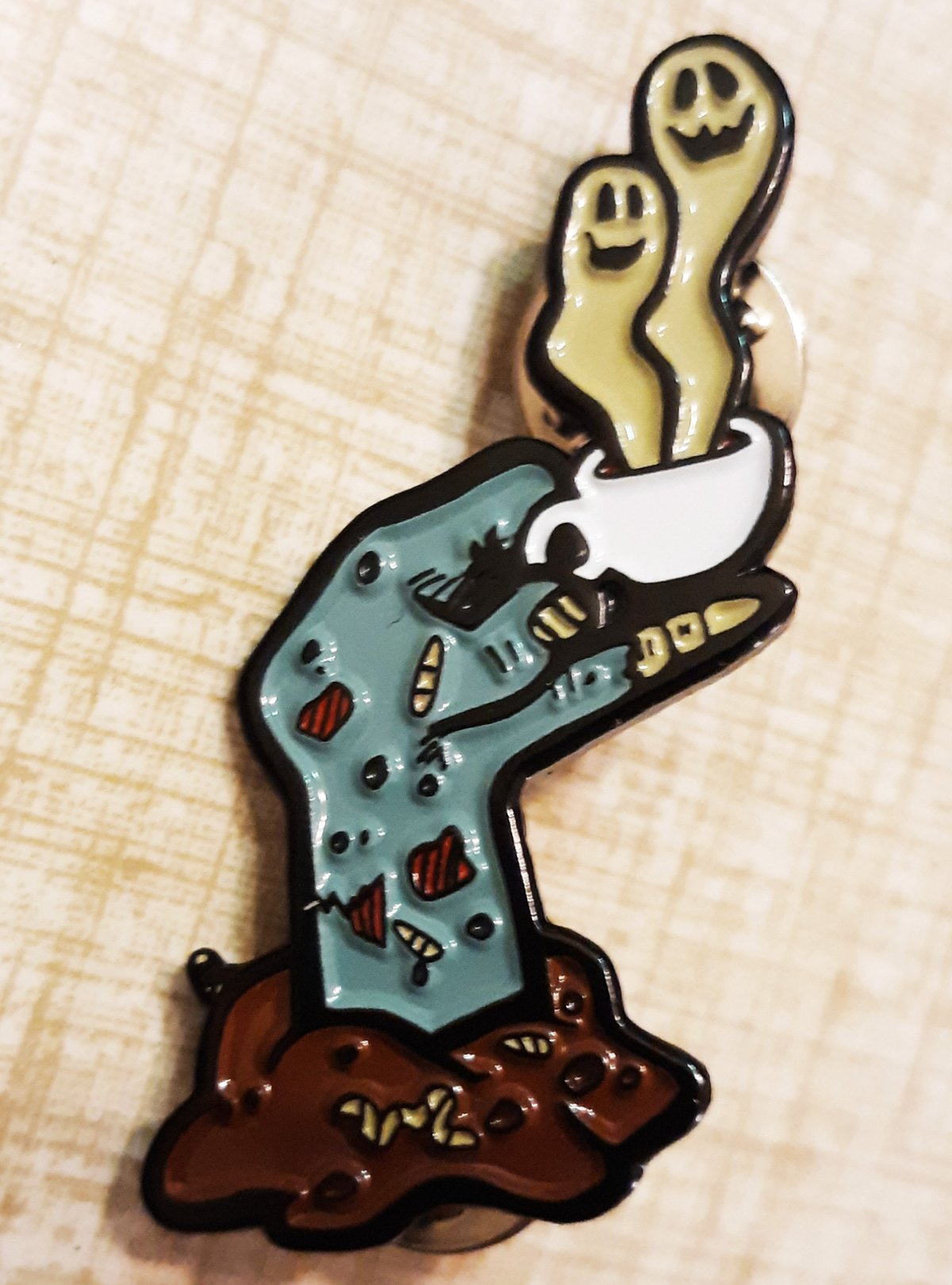 Glassworks Coffee ROAST IN PEACE 1.75" Zombie Hand Limited Edition Enamel Pin 