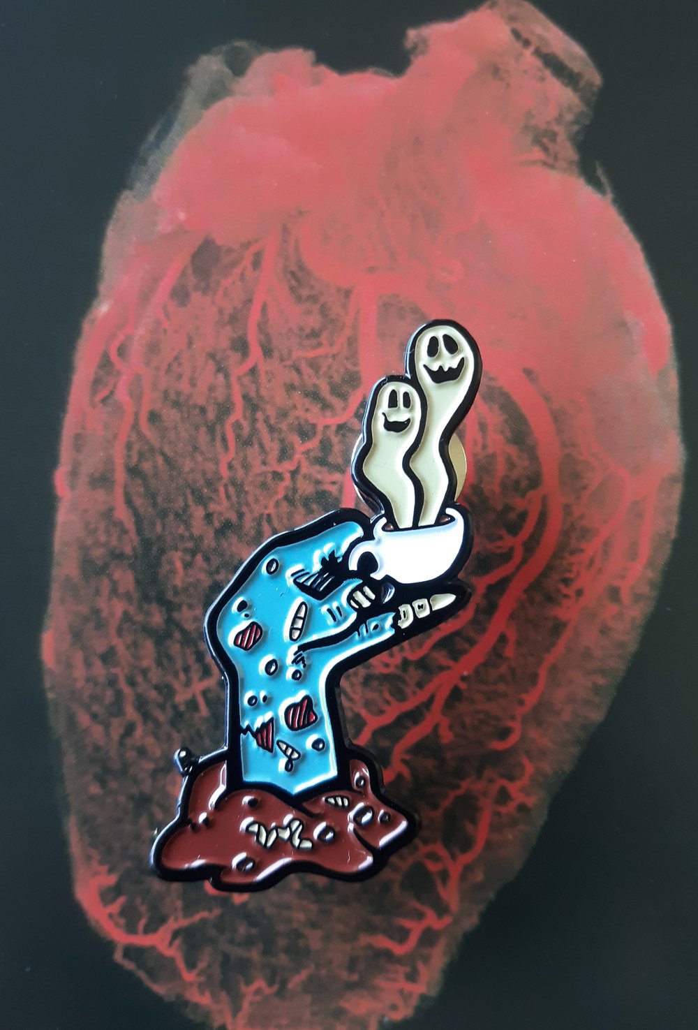 Glassworks Coffee ROAST IN PEACE 1.75" Zombie Hand Limited Edition Enamel Pin 