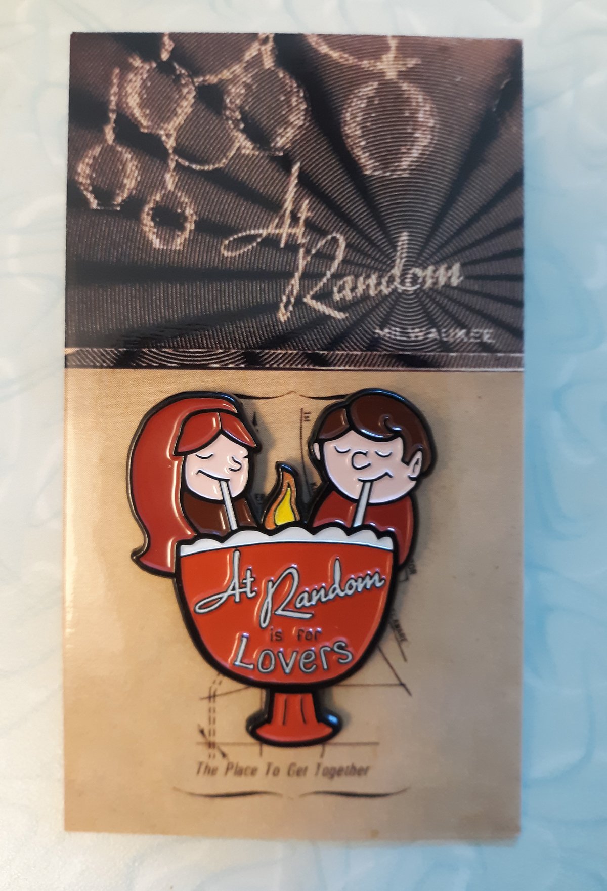 AT RANDOM IS FOR LOVERS Milwaukee Tiki Love Bowl RED 1.75" Soft Enamel Pin w/ Glowing Flame