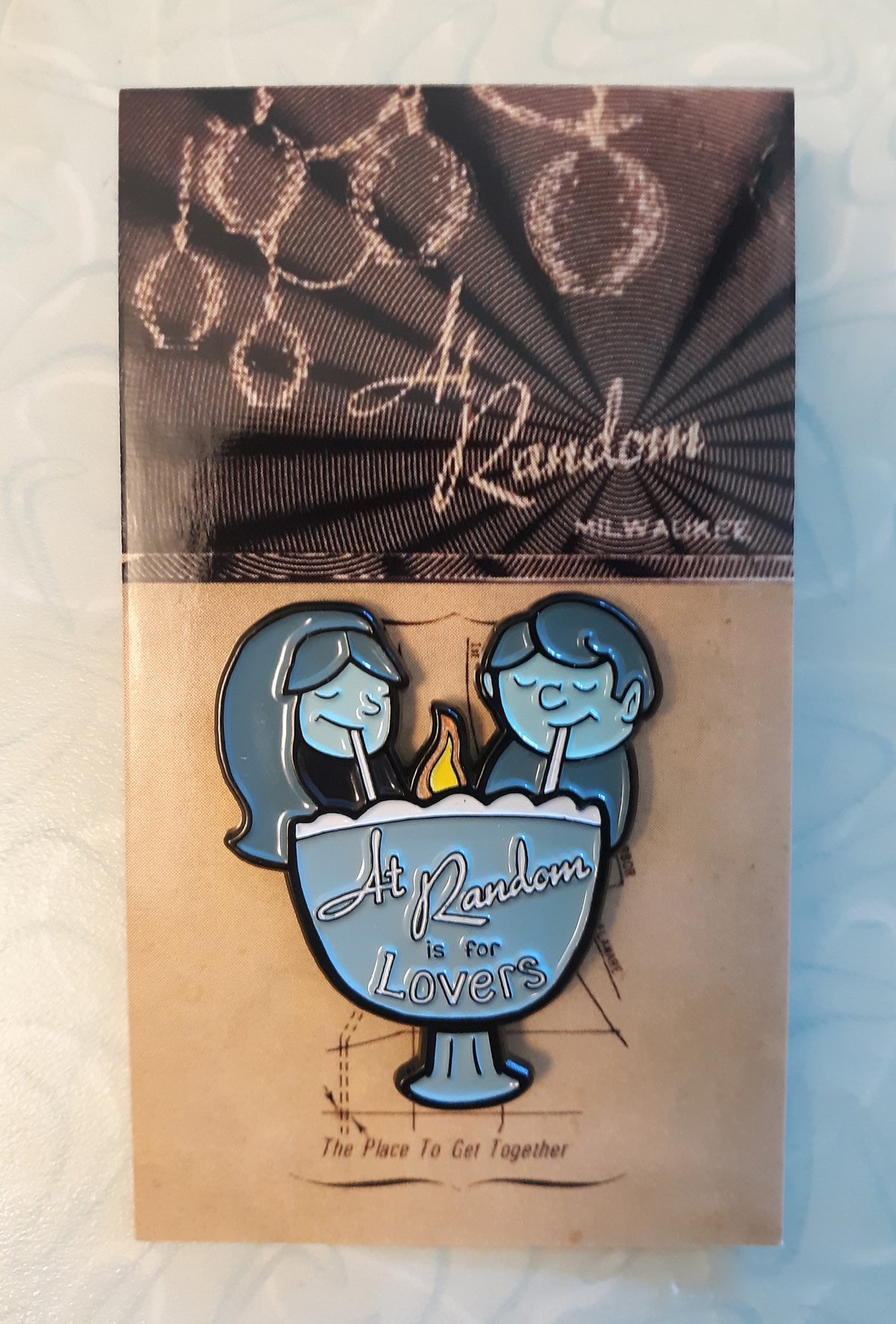AT RANDOM IS FOR LOVERS Milwaukee Tiki Love Bowl BLUE 1.75" Soft Enamel Pin w/ Glowing Flame
