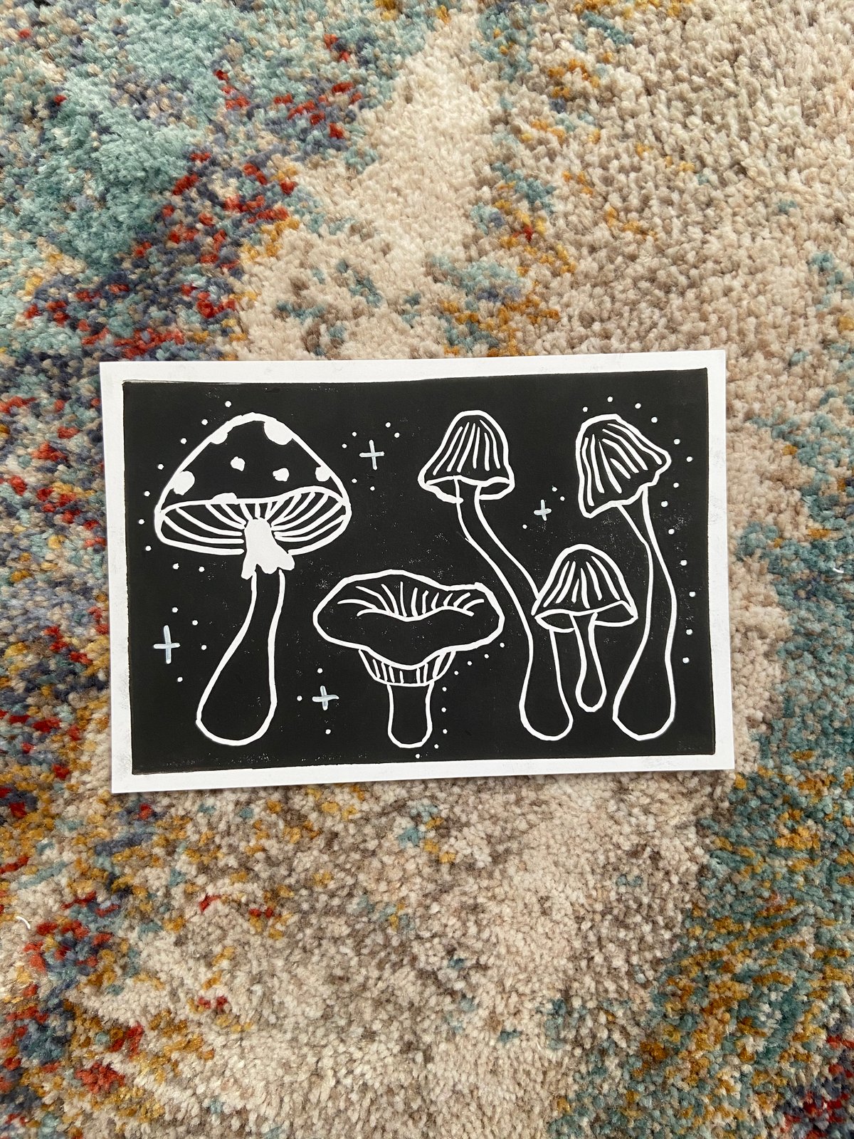 Handmade interior art. Mushrooms print Linocut wall art A5