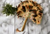 Long gold & brown peacock inspired handfan 