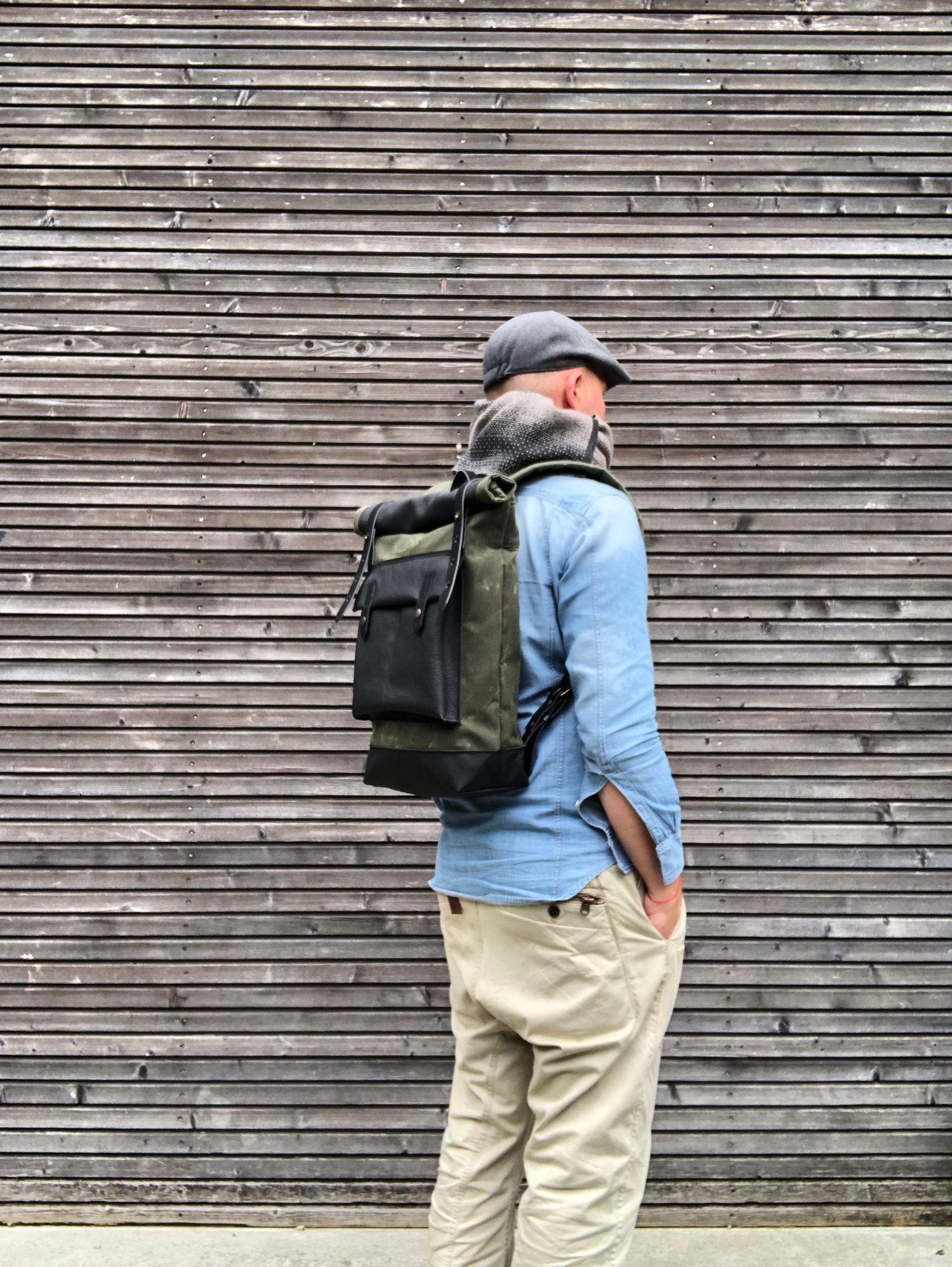 Image of Waxed canvas backpack with roll up top and handwaxed leather bottom collection unisex