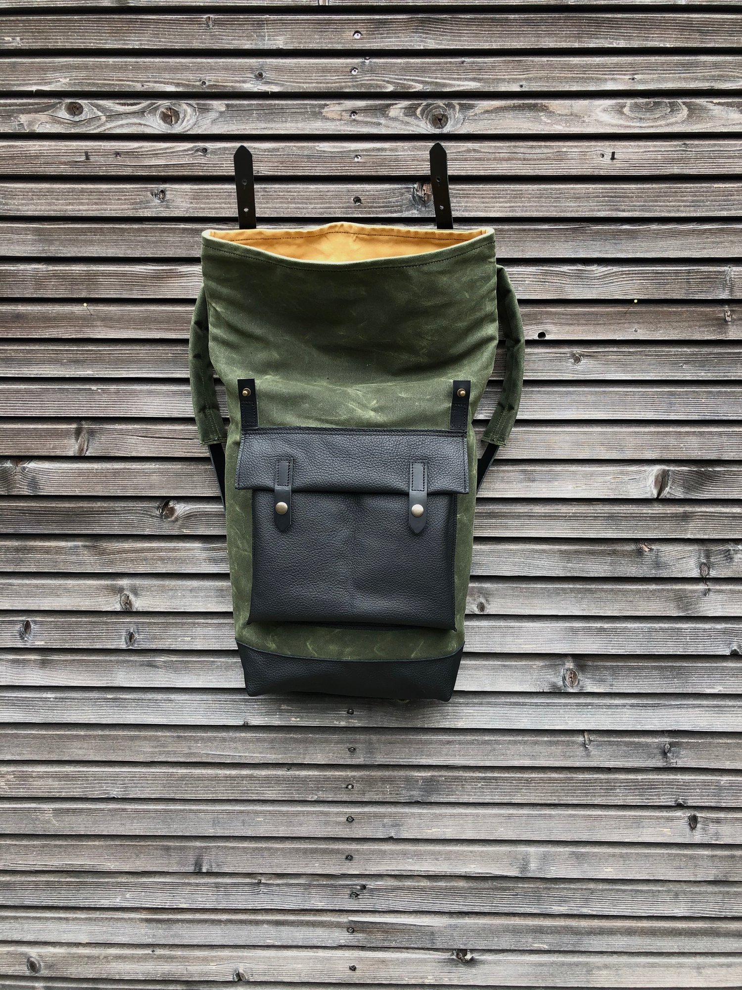 Image of Waxed canvas backpack with roll up top and handwaxed leather bottom collection unisex