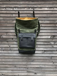 Image 4 of Waxed canvas backpack with roll up top and handwaxed leather bottom collection unisex