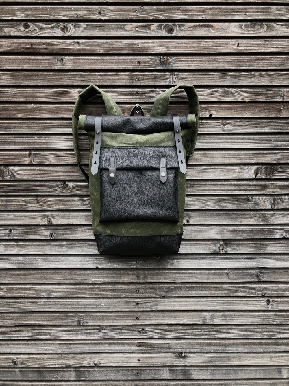 Image of Waxed canvas backpack with roll up top and handwaxed leather bottom collection unisex