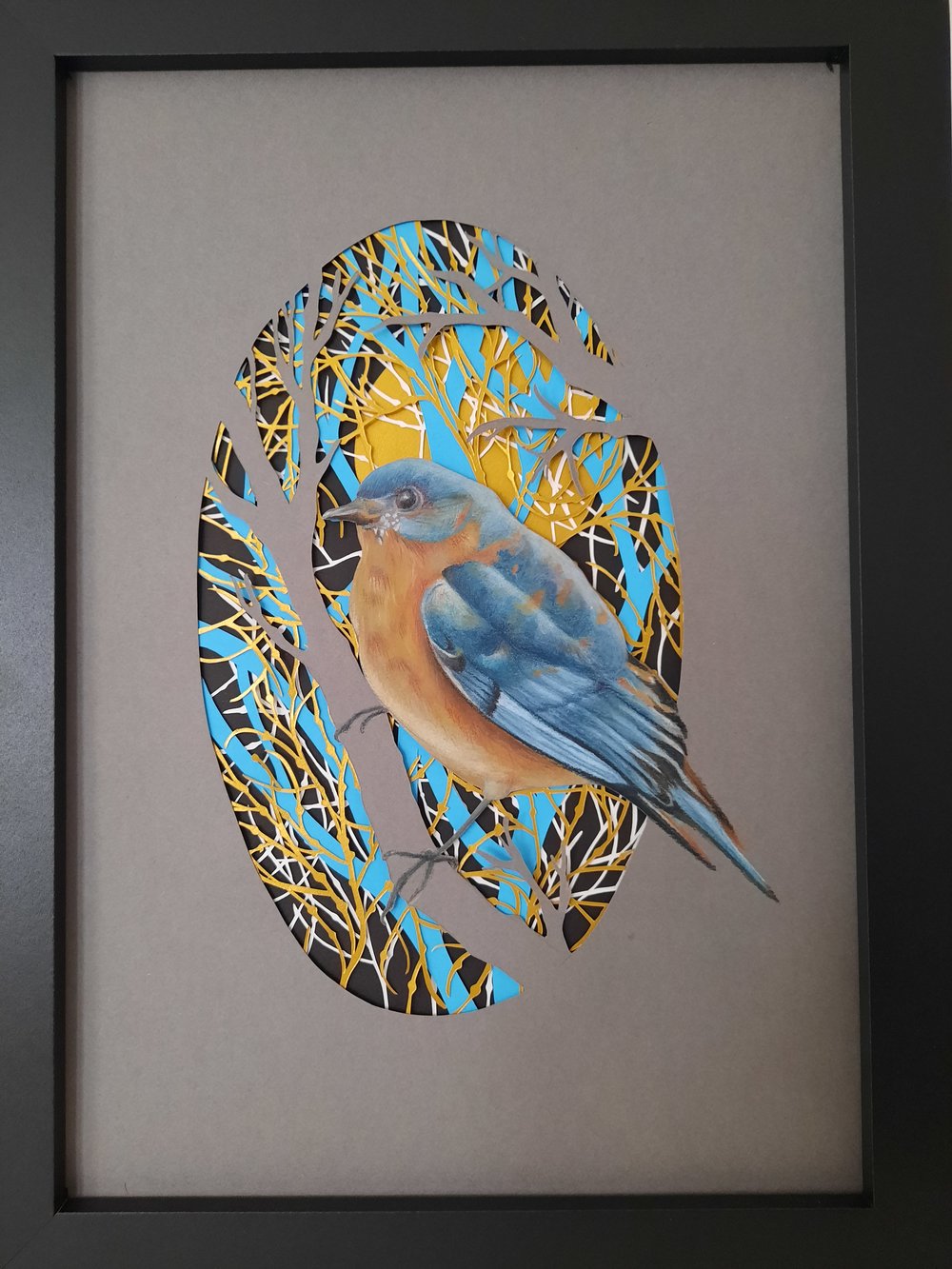 Image of Blue Bird Drawing and Multi-Layered Paper Cutting