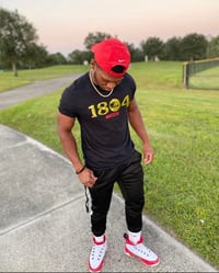 BLACK 1804 WITH GOLD PRINT WITH RED MDCCCIV