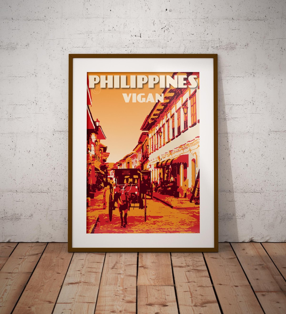 Image of Vintage poster Philippines - Vigan - Calle Crisologo | Orange | Travel Poster | Fine Art Print