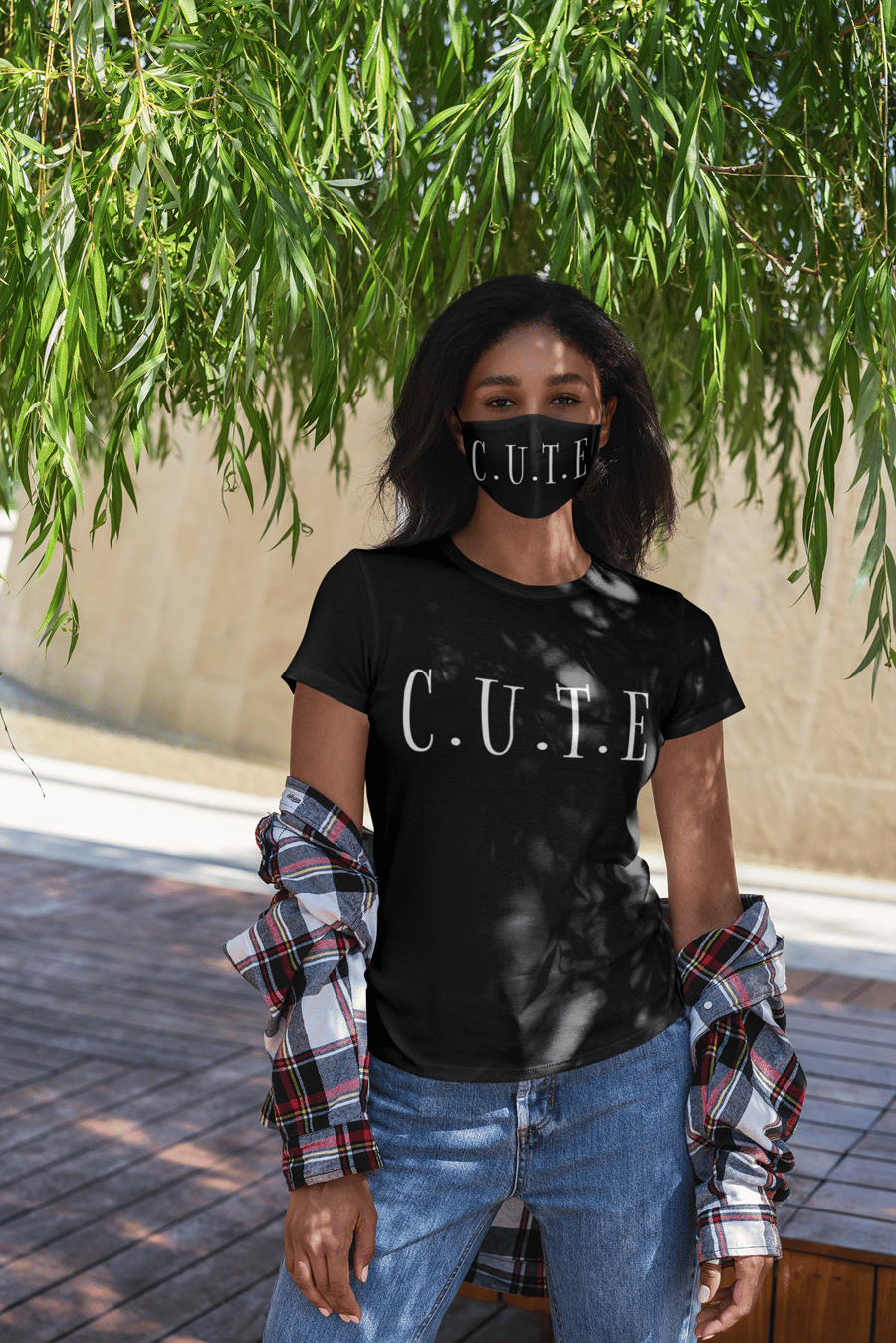Image of C.U.T.E. MASK AND TEE-BLACK TEE AND MASK-WHITE PRINT-COMBO