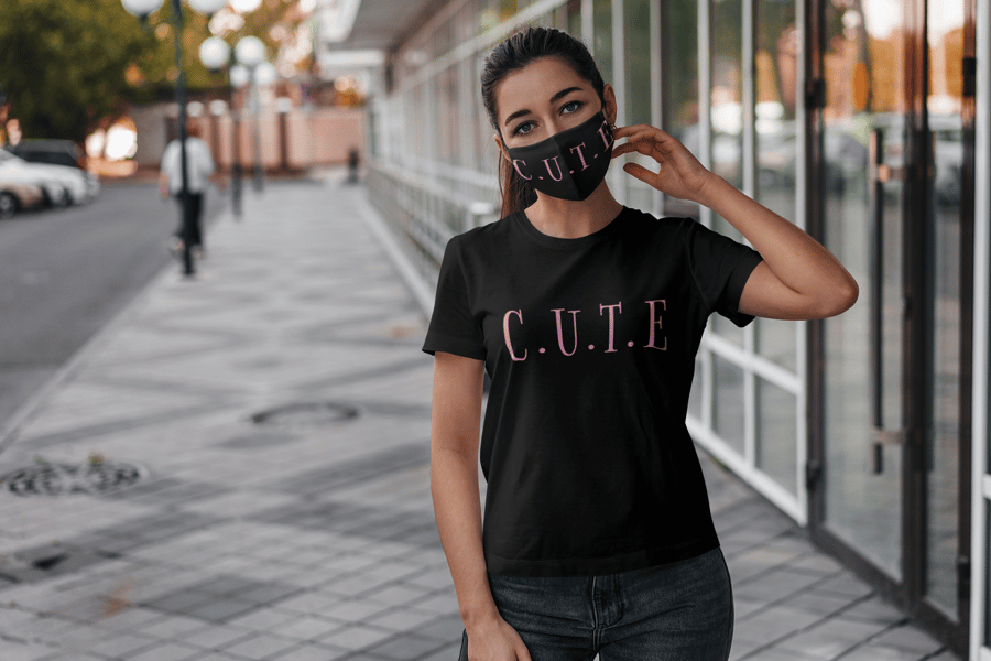 Image of C.U.T.E. MASK AND TEE-BLACK TEE AND MASK-PURPLE PRINT-COMBO