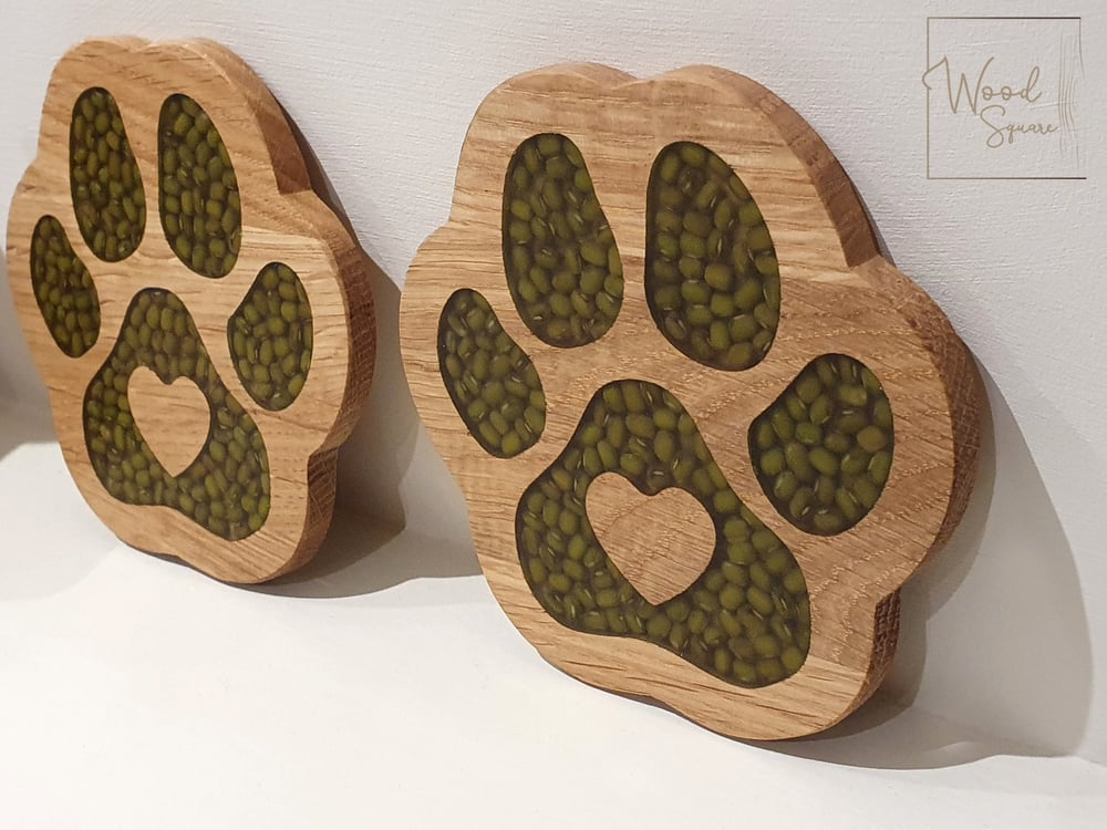 Image of Paw Print coasters with green lentils