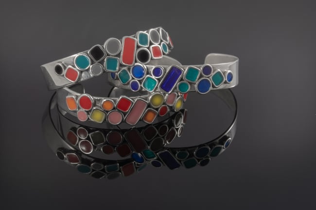 Multicolor Squares and Cirlces Silver Bracelet
