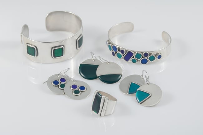 Multicolor Squares and Cirlces Silver Cuff - Blue