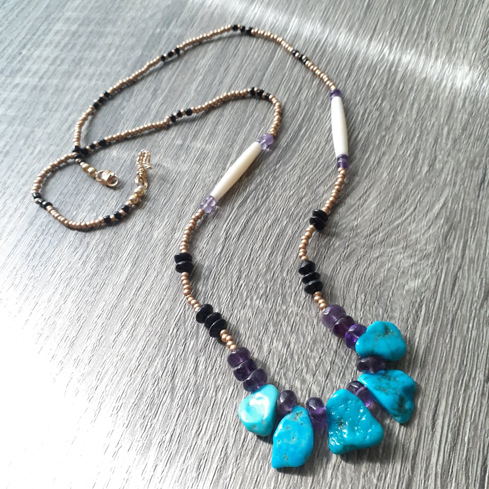Image of Sleeping Beauty Turquoise with Amethyst and Onyx Necklace 