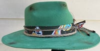 Image 2 of Handmade Torch Burned Green Fedora Hat, Rope & Feathers