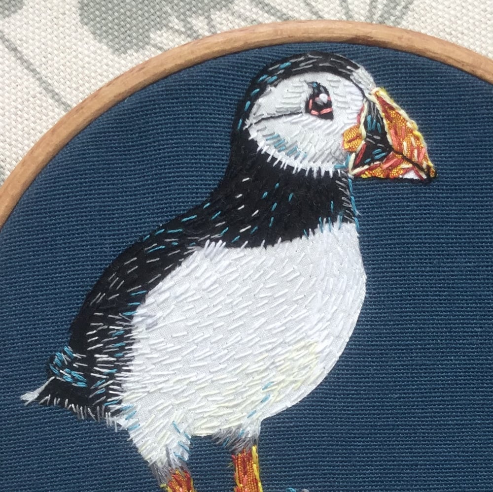 Image of Puffin applique and hand embroidery kit in linen and silk.