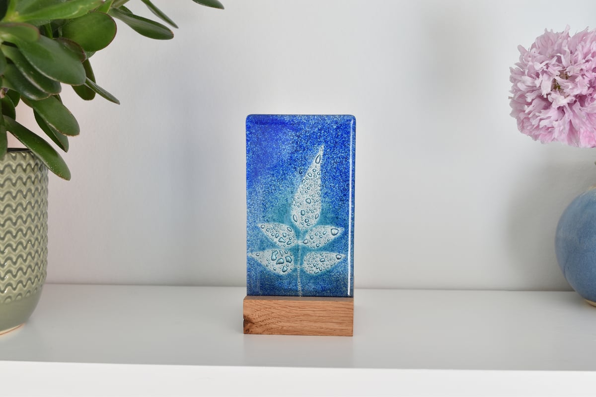 Image of Blue and Aqua Jasmine Leaf Fused Glass Single T-Light