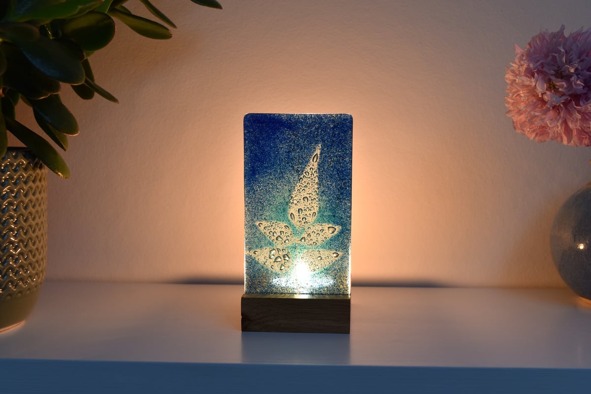 Image of Blue and Aqua Jasmine Leaf Fused Glass Single T-Light