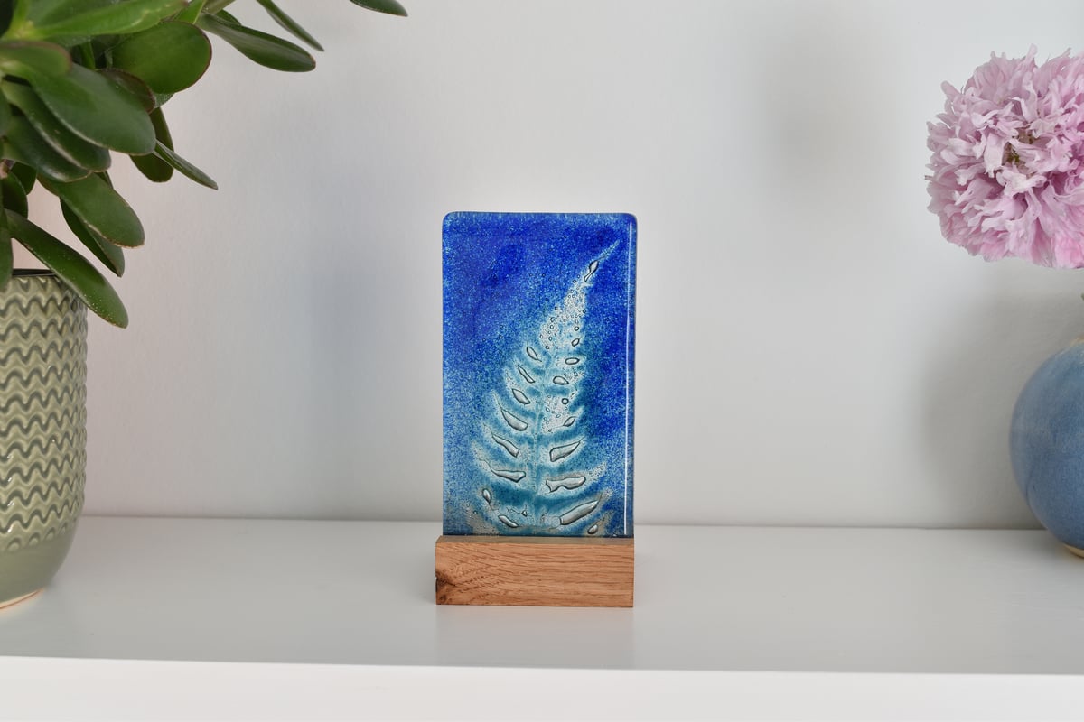 Image of Blue and Aqua Fern Frond Fused Glass Single T-Light