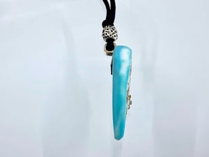 Image of Pate de Verre Glass Pendant "OM Shanti Peace" Lotus Petal  in Turquoise and White