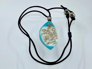 Image of Pate de Verre Glass Pendant "OM Shanti Peace" Lotus Petal  in Turquoise and White