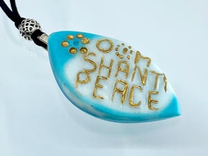 Image of Pate de Verre Glass Pendant "OM Shanti Peace" Lotus Petal  in Turquoise and White