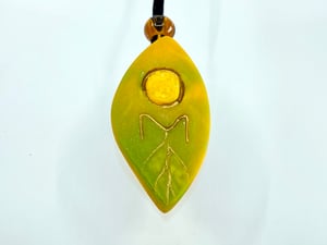 Image of Pate de Verre Glass "OM" Lotus Petal Shaped Pendant in Yellows and Greens