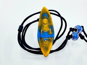 Image of Pate de Verre Glass "OM" Lotus Petal Shaped Pendant with Third Eye in Blue and Yellow