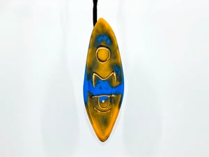 Image of Pate de Verre Glass "OM" Lotus Petal Shaped Pendant with Third Eye in Blue and Yellow