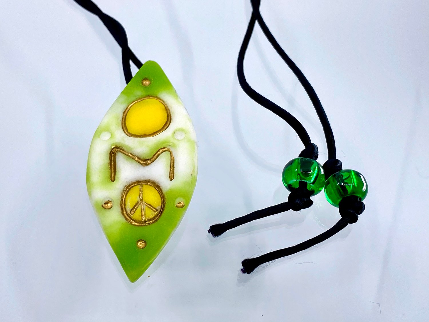 Image of Pate de Verre Glass Pendant "OM Peace" Lotus Petal in Green, White and Yellow