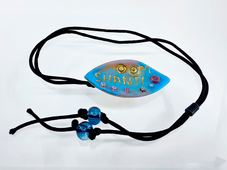 Image of Pate de Verre Glass Pendant With Canes, "OM Shanti" Lotus Petal in Gold, Turquoise, and pink 