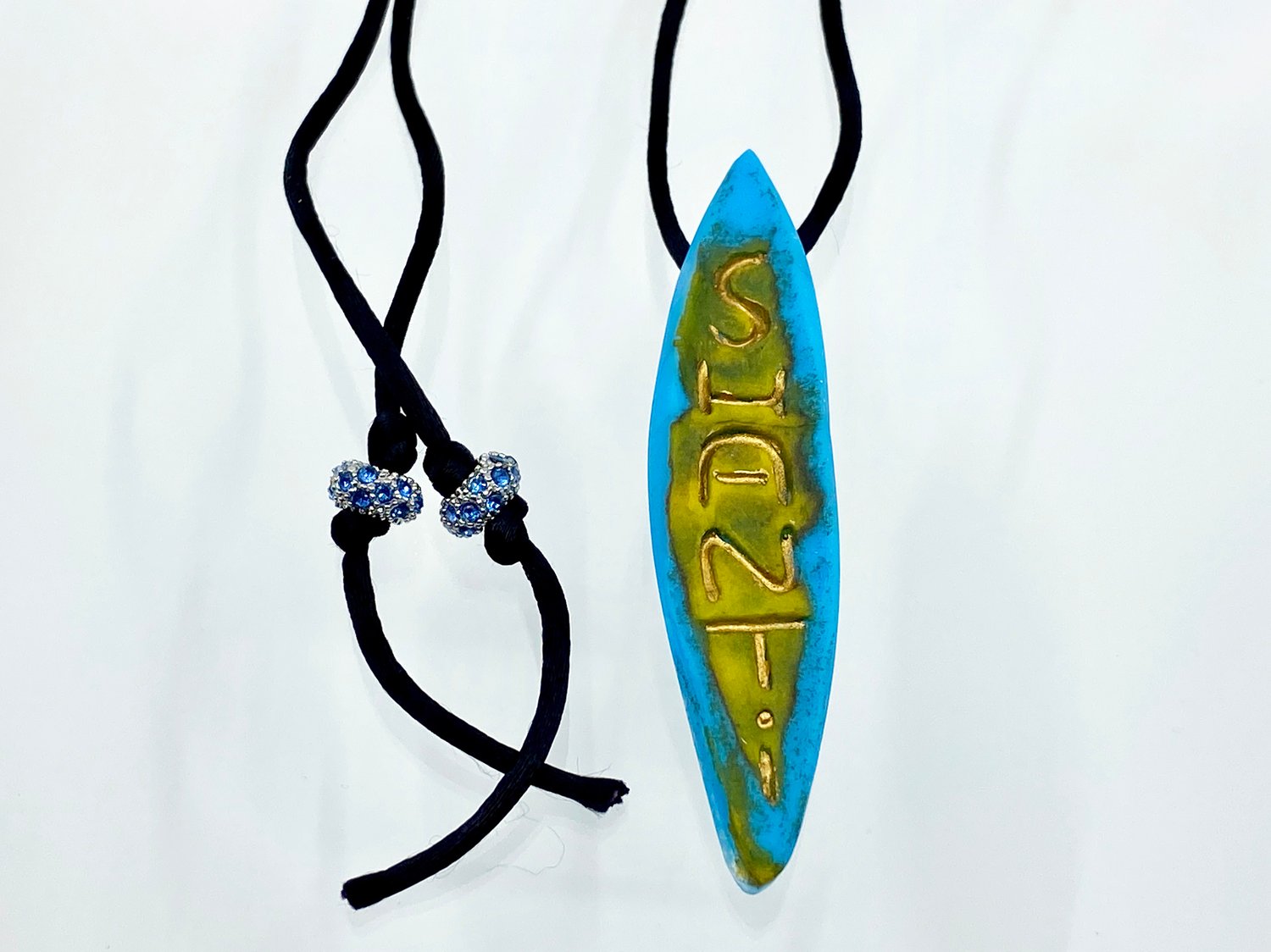 Image of Pate de Verre Glass Pendant  "Shanti"  Lotus Petal  Pendant in Turquoise and Yellow