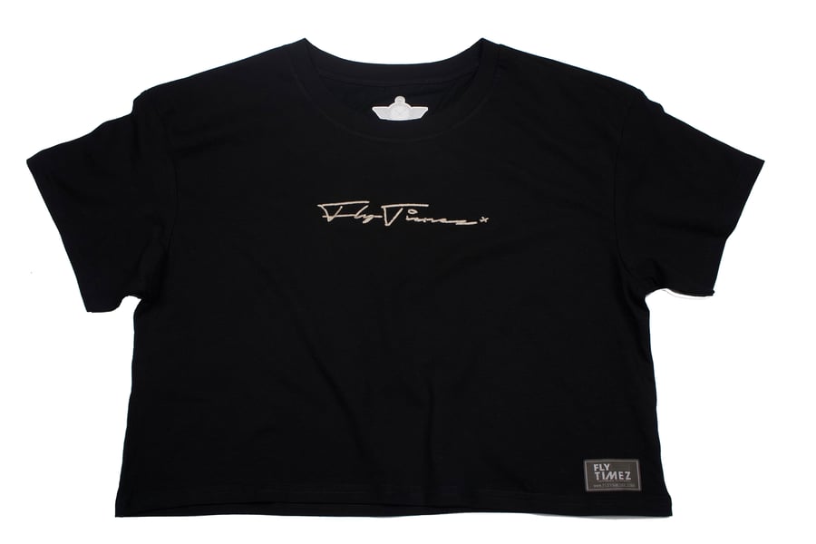 Image of FLYTIMEZ WOMEN'S "SIGNATURE" EMBROIDERED CROP TEE (BLACK)