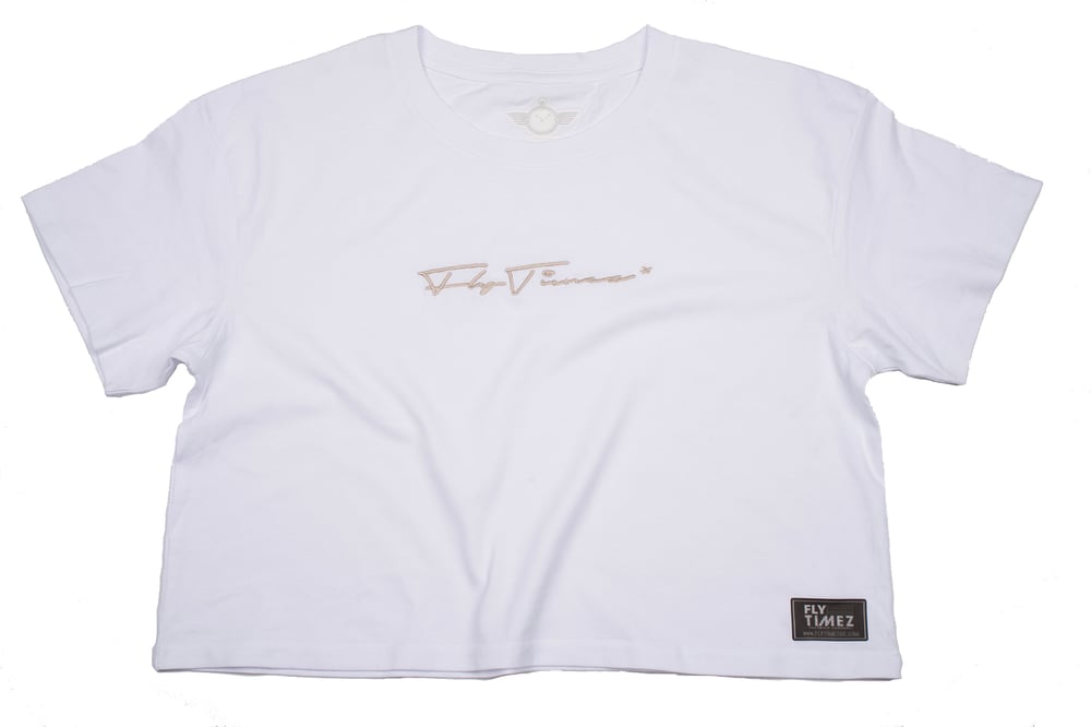 Image of FlyTimez WOMEN'S "SIGNATURE" EMBROIDERED CROP TEE (WHITE)